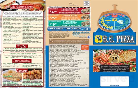 Most locations feature an All-You-Can-Eat Lunch Buffet including pizzas, salad & more. . Bc pizza menu cadillac michigan